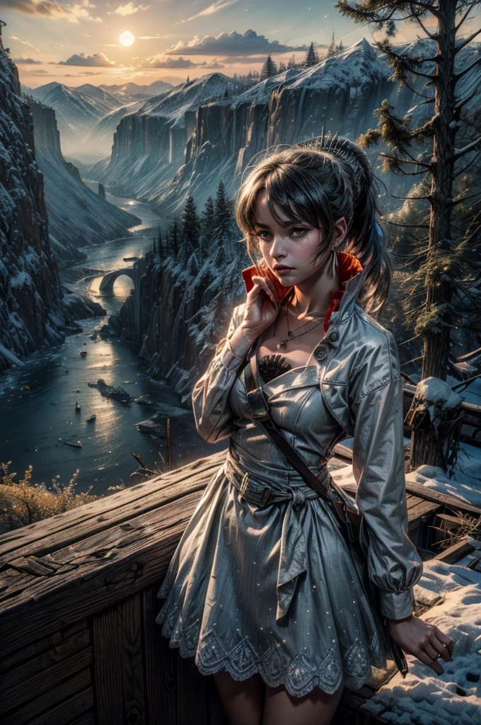 (masterpiece, best quality:1.2), cowboy shot, weissvale, expressionless, closed mouth, looking at viewer, ponytail, scar on eye, white dress, jewelry, necklace, earrings, standing with crowd in city ruins on hill, overlooking valley, BREAK night, stars, moon, snow, BREAK mountains in background, waterfall, vehicle wreck, , (crowd in military uniform), bonfires, post-apocalypse, dystopian future, 