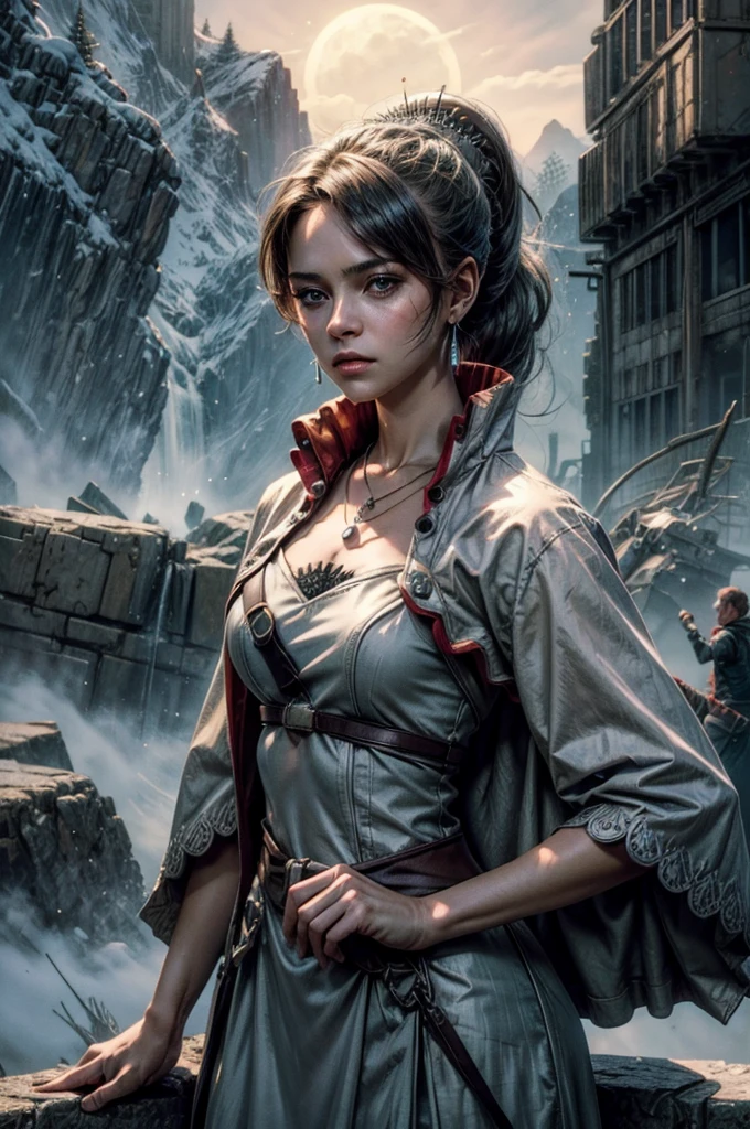 (masterpiece, best quality:1.2), cowboy shot, weissvale, expressionless, closed mouth, looking at viewer, ponytail, scar on eye, white dress, jewelry, necklace, earrings, standing with crowd in city ruins on hill, overlooking valley, BREAK night, stars, moon, snow, BREAK mountains in background, waterfall, vehicle wreck, , (crowd in military uniform), bonfires, post-apocalypse, dystopian future,