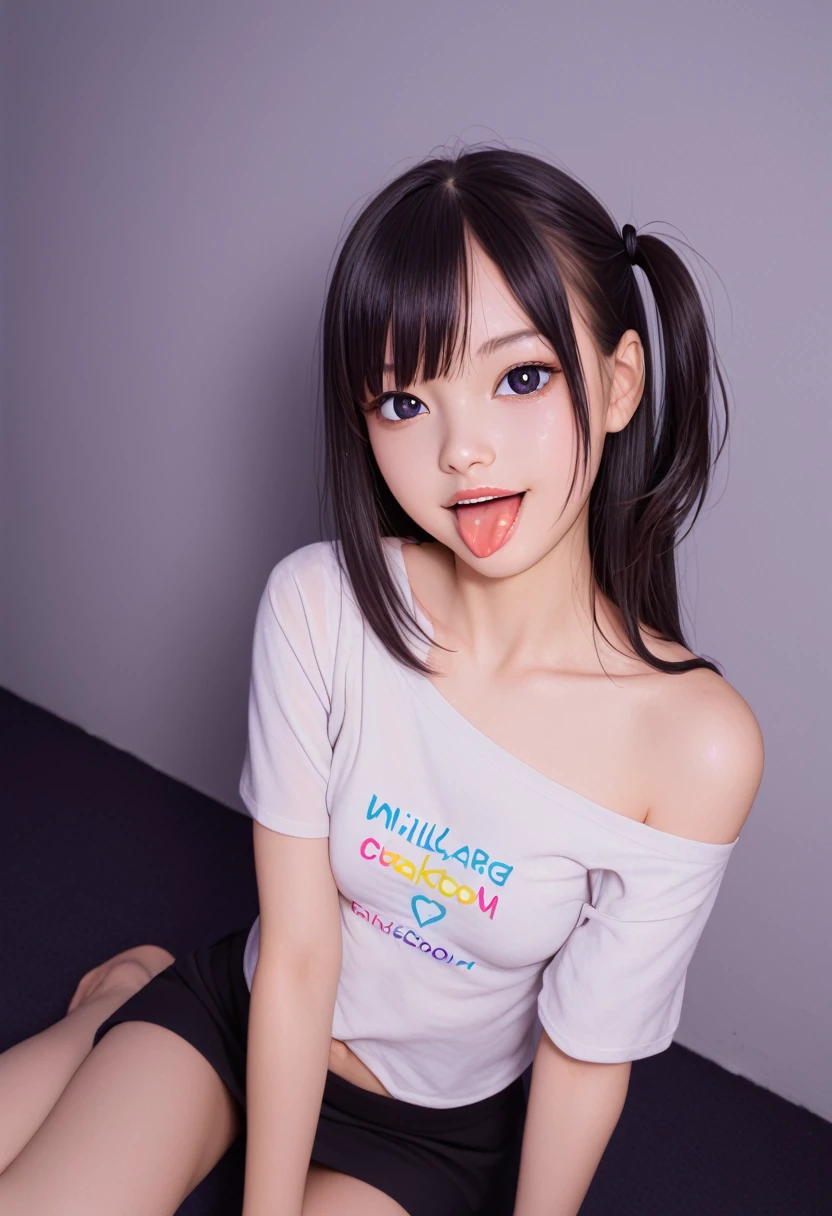 pastel colors colors t-shirt,off-shoulder look,bare shoulder,ollarbone,midriff peek,Tight mini skirt,(open mouth:1.5),(tongue out:2),sitting,front view,overhead shot,(1girl,Beautiful  girl),((Slender,Small breasts,Small face,)),(looking at viewer),Black Hair,bangs,one side up,Beautiful and detailed,(Dimly lit room:1.5),Mischievous smile,Black simple background,Low lighting
