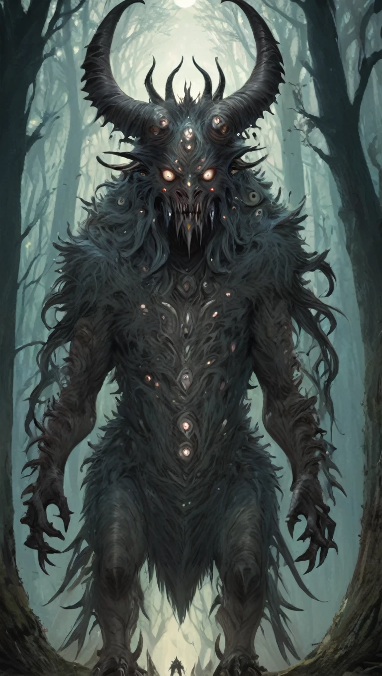 monster nervously, A monster with many eyes and horns, Nevoa, dense forest, moonligh, (rear view:1.4)