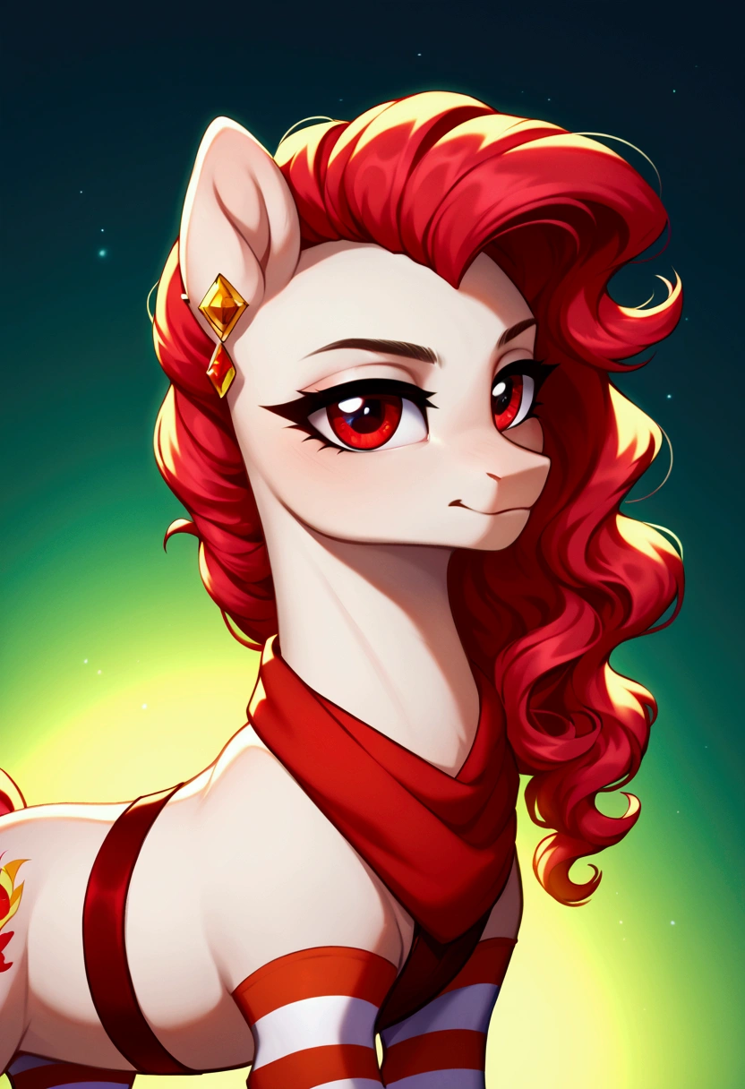 score_9,score_8_up,score_7_up,score_6_up, ((my little pony)), radiant lighting, vibrant colors, whimsical atmosphere, 8K, high resolution, highly detailed, masterpiece, behind view, white body, long red wavy hair, earrings, red eyes, stern look, black-red striped stockings