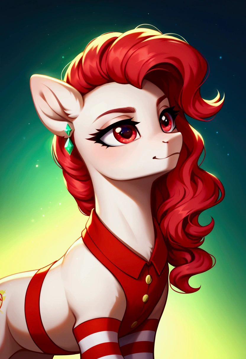 score_9,score_8_up,score_7_up,score_6_up, ((my little pony)), radiant lighting, vibrant colors, whimsical atmosphere, 8K, high resolution, highly detailed, masterpiece, behind view, white body, long red wavy hair, earrings, red eyes, stern look, black-red striped stockings 