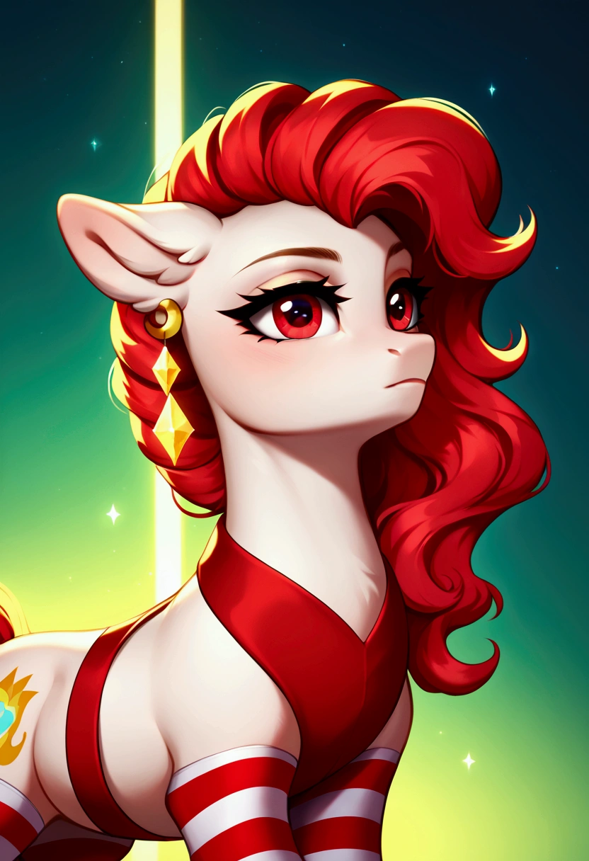 score_9,score_8_up,score_7_up,score_6_up, ((my little pony)), radiant lighting, vibrant colors, whimsical atmosphere, 8K, high resolution, highly detailed, masterpiece, behind view, white body, long red wavy hair, earrings, red eyes, stern look, black-red striped stockings