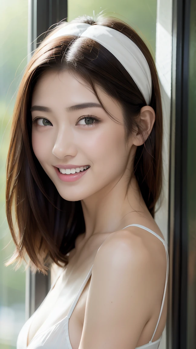 20 year old fashion model [[[[close up]]]], [[[[neck]]]], [[[[shoulder]]]], perfect eyes, perfect iris，perfect lips，perfect teeth，Perfect beautiful skin，white skin，High density photography，long black hair，（The face is radiant and delicate.），((smile))，((The background is indoors.))，((There are green trees and flowers outside the window.))，best quality，Masterpiece，（light color：1.2