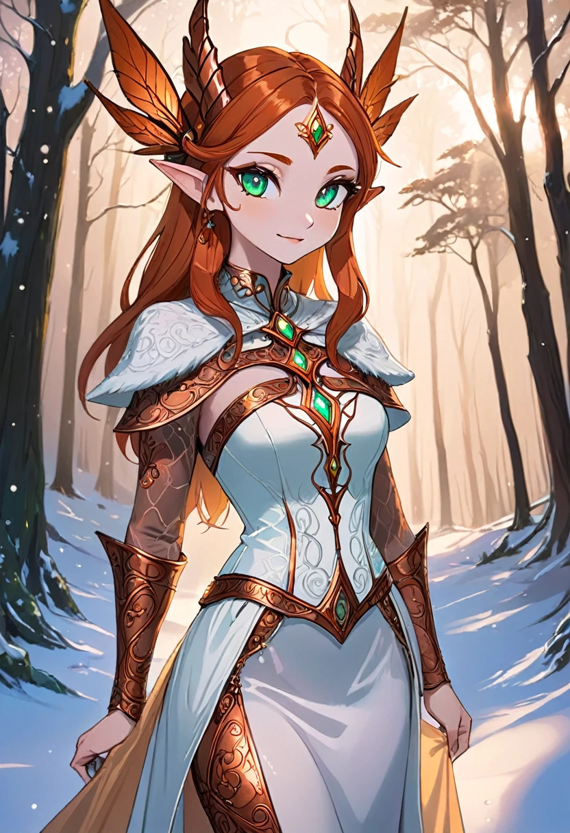 Steampunk inspired elven princess. copper wire necklaces and bangles. Crown of fine copper wire. copper coloured tatoos cover her face and body intricate and beautiful designs. LArge pointed ears that end in curlicues. Hands on hips. Ember colored eyes adorned with intricate copper wireing. a Pure white dress, hemmed with copper, covered in copper lace and filligree. cppper designs cover the skirt in a kaleidoscope of intricate copper designs. Background is magical verdant forrest. Her visage is a mesmerizing blend of Arial Winter, creating a unique, symmetrical face that exudes elegance and grace. Copper colores face tattoos. Copper colored are, and chest tatoos. Cozy, romantic lighting. Cheerful smile. Copper hair that shimmers and sparkles in the lights. Hourglass figure. copper lips. copper eye shadow.