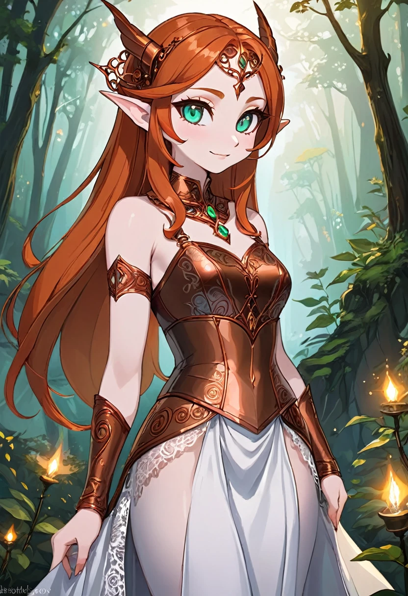 Steampunk inspired elven princess. copper wire necklaces and bangles. Crown of fine copper wire. copper coloured tatoos cover her face and body intricate and beautiful designs. LArge pointed ears that end in curlicues. Hands on hips. Ember colored eyes adorned with intricate copper wireing. a Pure white dress, hemmed with copper, covered in copper lace and filligree. cppper designs cover the skirt in a kaleidoscope of intricate copper designs. Background is magical verdant forrest. Her visage is a mesmerizing blend of Arial Winter, creating a unique, symmetrical face that exudes elegance and grace. Copper colores face tattoos. Copper colored are, and chest tatoos. Cozy, romantic lighting. Cheerful smile. Copper hair that shimmers and sparkles in the lights. Hourglass figure. copper lips. copper eye shadow.