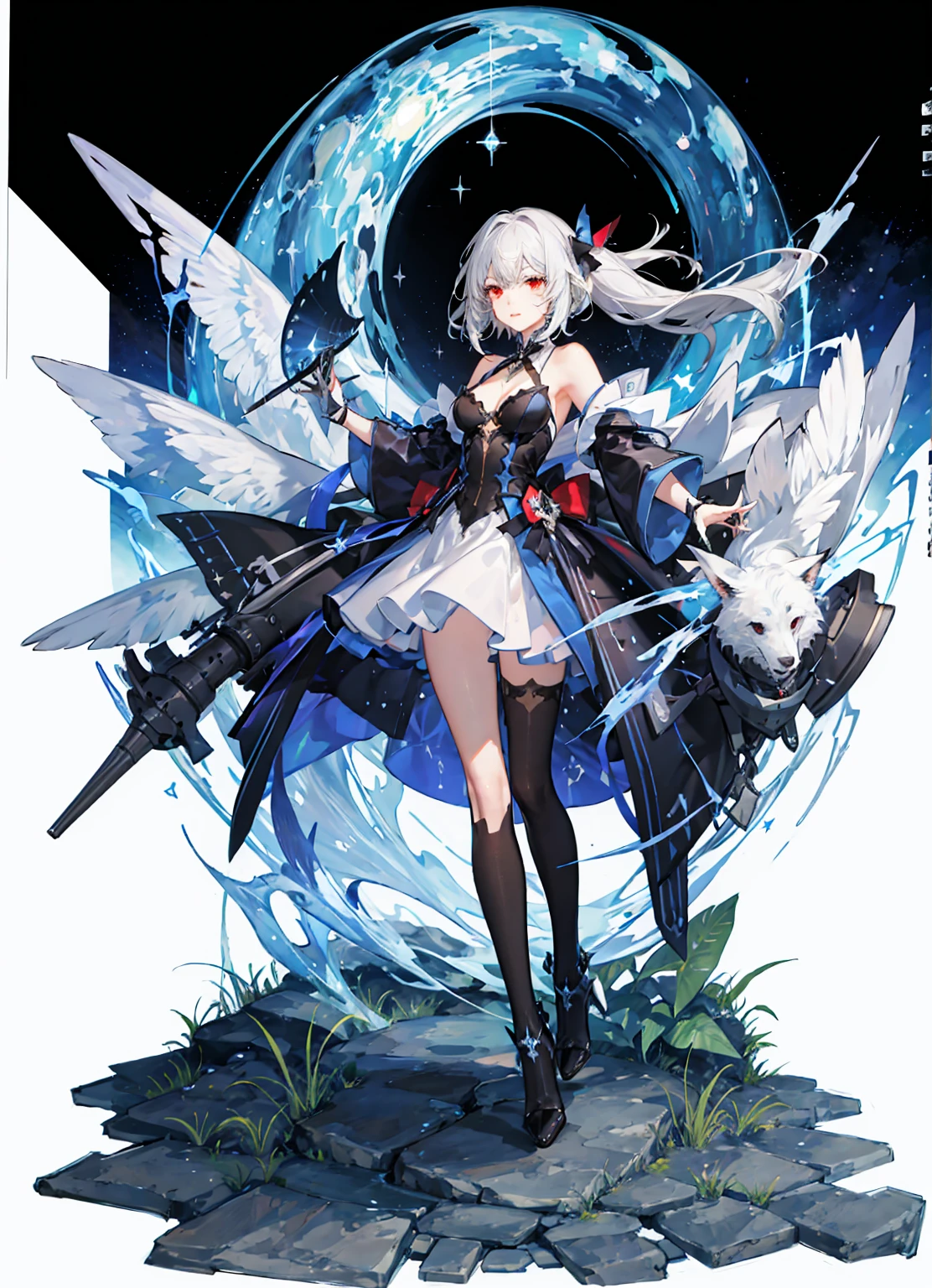 ((Magical little girl)), ((Brilliant starry sky background)), ((Super detailed)), ((Best illustration)), ((movie lighting)), Dynamic angle, floating, Meticulous attention to detail, (sparkling:1.2), (spark:1.2), (shine:1.2), classic, (painting:1.1), (sketch:1.1), (best quality), (masterpiece:1.2), (anime style), (alone), Beautiful and delicate face, (cute face:1.3), (big red eyes:1.3), colorful hair, (long hair:1.2), (floating hair:1.2), (Magical girl costume), Camouflage, (Sparkling Wand:1.3), (magical effect:1.3), (floating long dress:1.2), (cute boots:1.1), (Transparent fabric:1.5), (Flash:1.2), (glow:1.2), (radiation:1.2), (flashing:1.2), (Dazzle:1.2),白色long hair,red eyes,black beast,Black quagmire