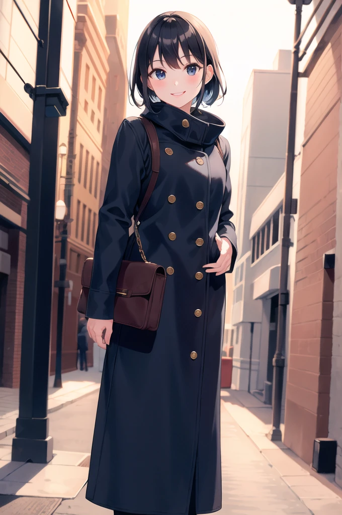 (morning), 1girl, solo, looking at viewer, winter, cowboy shot, (downtown), cowboy shot, smile, black hair