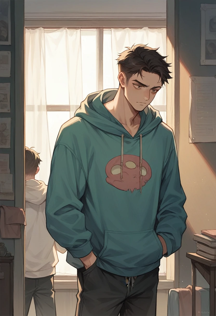 A man in a hooded sweatshirt, Cao Cao, black hair looking a little gloomy with a woman with a perfect body and reddish brown hair in a room of mirrors