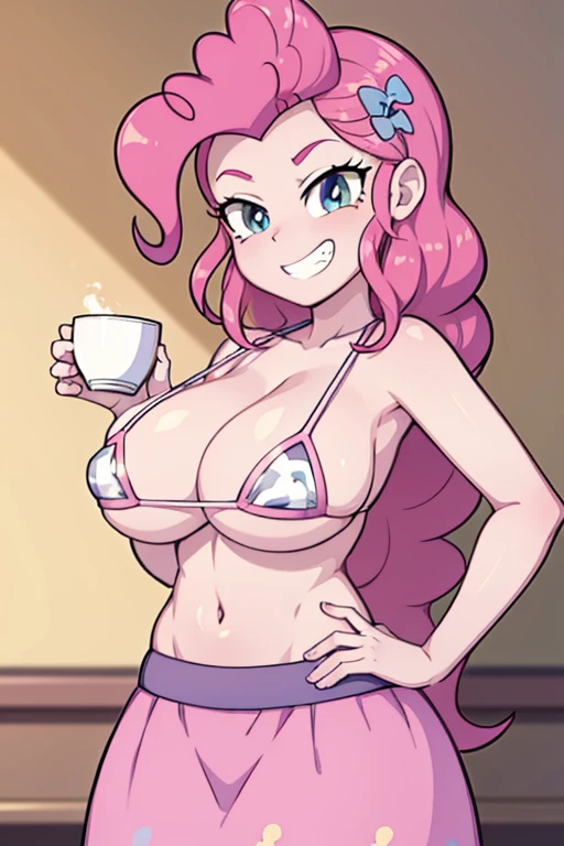 mlppinkiepie, pink hair, blue eyes, gigantic breasts, wide hips, sexy, pink theme, detailed, pink room, decora, bangs, grin, micro bikini, cow print, long skirt, holding cup of milk, dynamic pose, dynamic angle, evil grin