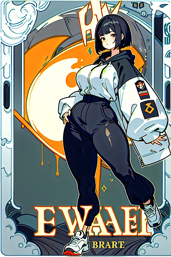 masterpiece、Highest quality、8K、((Head to Toe、Are standing))、cat suit、hoodie、Wearing a hood、Bob Haircut、Black Hair、Dark Eyes、Stocky build、Large Breasts、Waistline、Big Ass、Plump thighs、sneakers