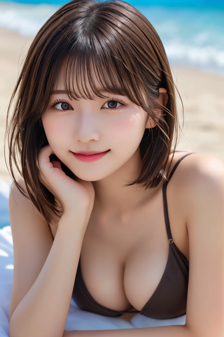 (8K.Highest quality), (beautiful)、Very delicate eyes、Brown eyes、22-year-old female、Brown Hair、looking at the camera、Semi-short hair、Gal、Soft boobs、Micro Bikini、Natural lips、Beach、Sleeping on your stomach、smile