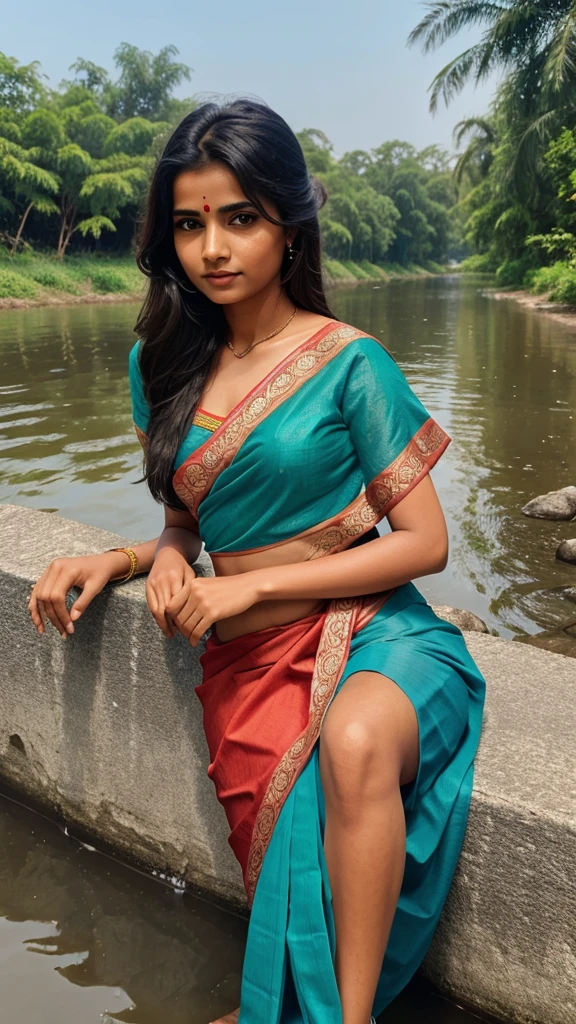 a  girl seating on a river side, wearing saree and Indian vibe, portrait, colour sketch 