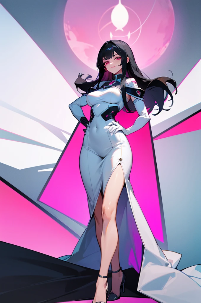 Ultra high quality, ultra high anatomy, 4K, masterpiece, a short girl is standing with hand on her hip, black hair, long hair, straight hair, symmetrical bangs, pink eyes, smirk, medium breasts, wide hips, medium thighs, white long dress, white elbow gloves, black open-toe heels