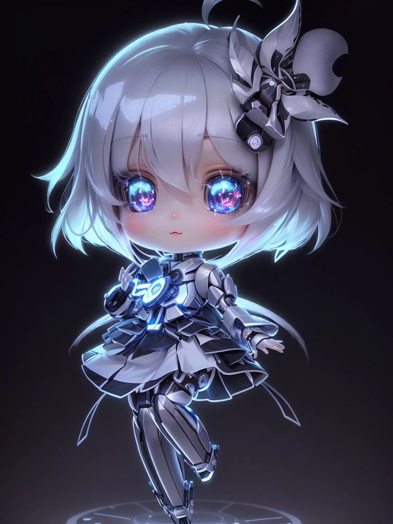 Super cute ai girl with sparkling eyes full body 3D image, 1, Nice eyes, big eyes, beautiful, happy, C4D, Long white hair, Kawaii, Humanoid, AIBionic Man，Silver lines，Metal patch，Mechanical accessories，Bionic Man，脸上Silver lines。