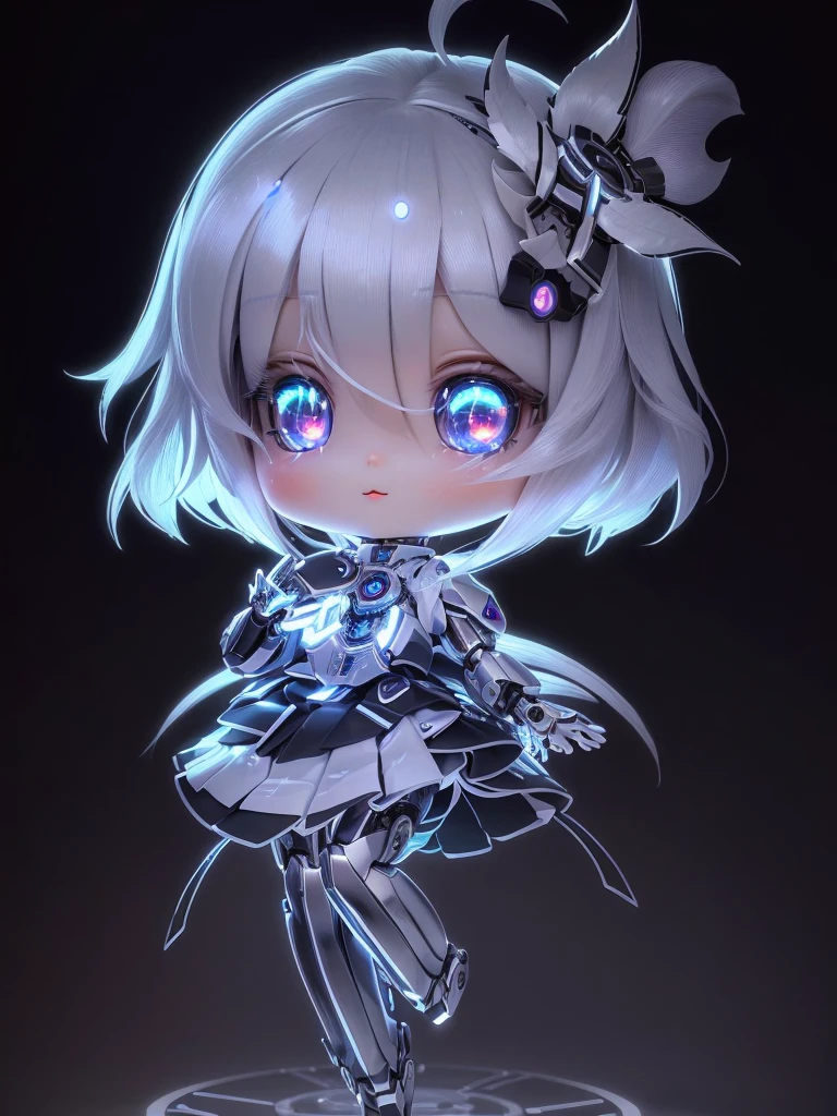 Super cute ai girl with sparkling eyes full body 3D image, 1, Nice eyes, big eyes, beautiful, happy, C4D, Long white hair, Kawaii, Humanoid, AIBionic Man，Silver lines，Metal patch，Mechanical accessories，Bionic Man，脸上Silver lines。