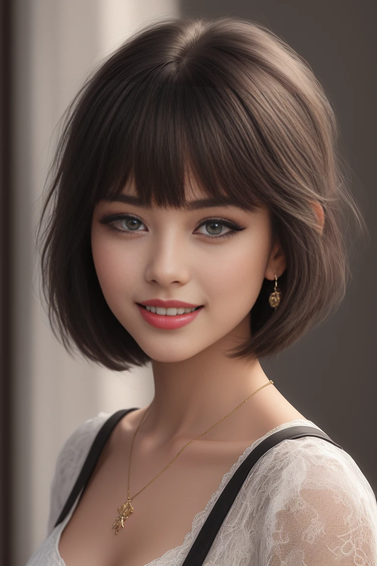 (masterpiece, best quality:1.2),bellissima, 1girl, black hair, blunt bangs, blue eyes, eyeliner, lips, lipstick, sexy smile, realistic