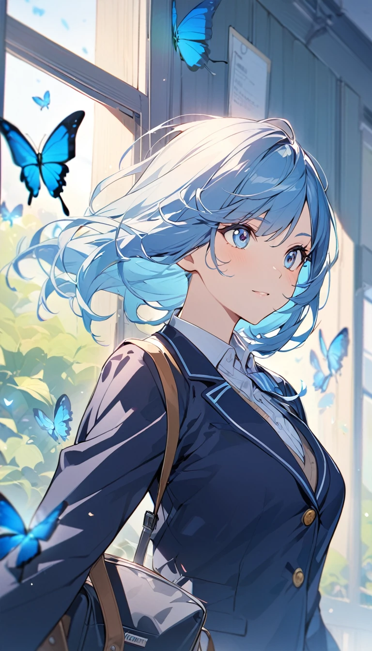Woman,matured,School,Uniform,blazer,logo,blue hair,blue eyes,calm expression,butterflies in the background