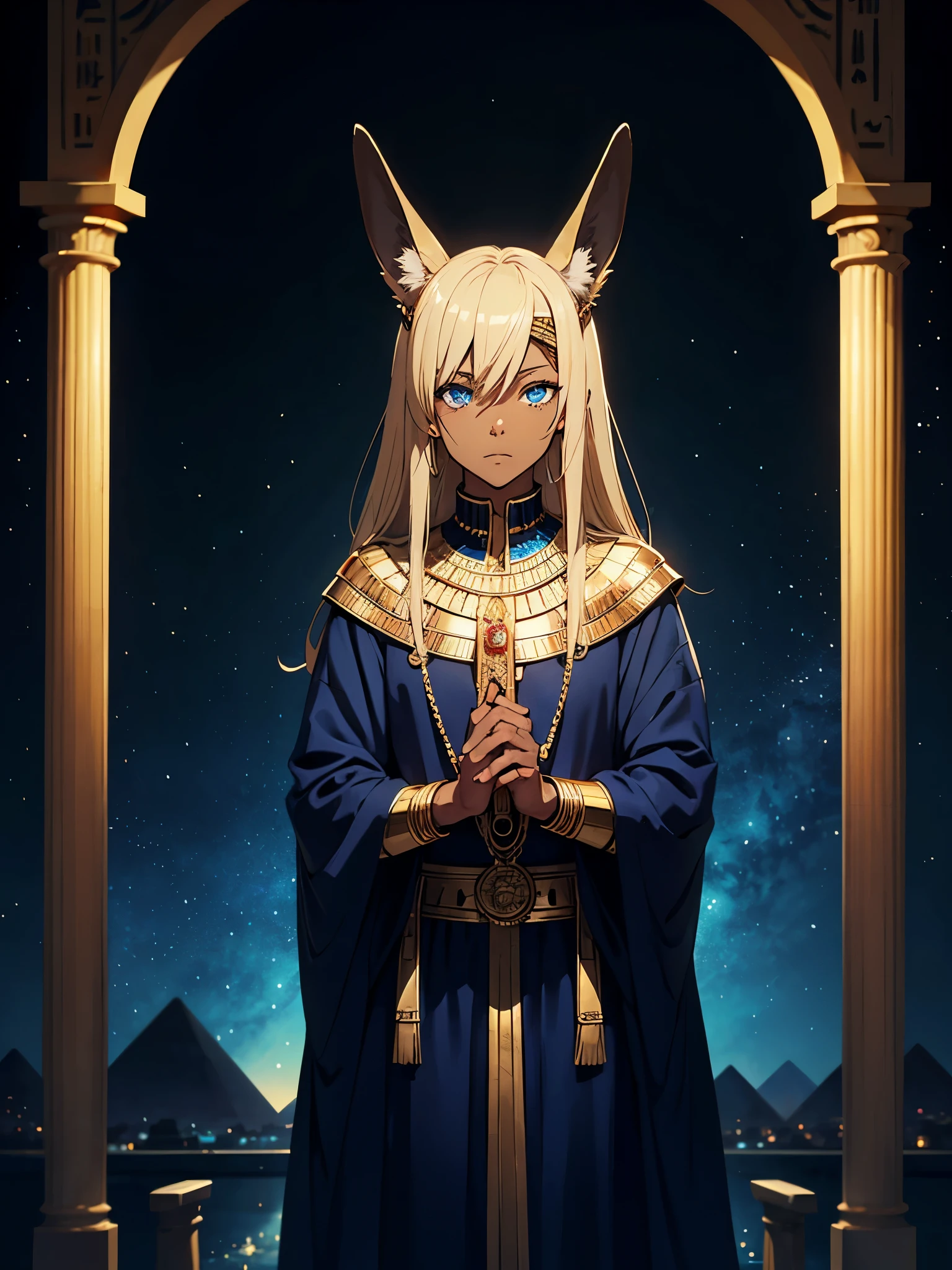 Blaue Augen. Mehr anime. Hübsch. Anubis. Anubisohren. Jackal ears with fur. age boy. Egyptian deity Anubis. Egyptian clothing. long blond hair. Lots of gold jewelry. dark skin. Egyptian. dazzling blue eyes. mystical. divine.