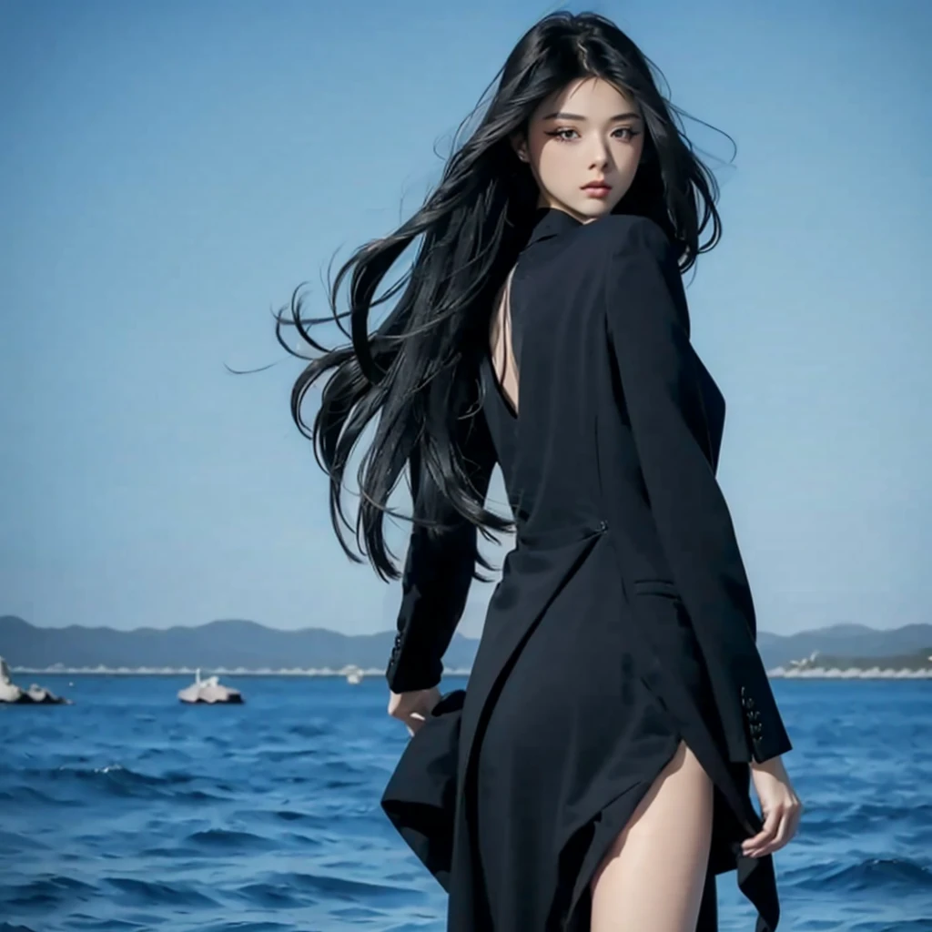 rice, (Very detailed, Very realistic, Very sharp, Hyperrealism, Ultra-realistic, Highest quality):1.2, 1 girl, (solo:1.3), Anatomically correct human body,  (Hair that grows to the knees:1.1, Ridiculously long hair:1.4, hime cut, straight hair, black hair), (Detailed Hair, Detailed skin), (Slim figure, Flat Chest), (Wearing a black suit:1.8), (Photograph the back:1.5), (Hair tousled by the wind:1.5), Sitting, (No background:1.5, White background:1.3), Soft lighting