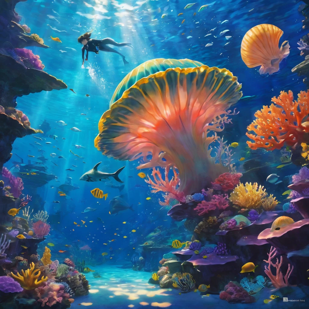 Ghibli、oil,Ocean,carefully,magic,Mysterious,Ocean藻に抱かれた古代遺跡,Aquatic plants beautiful coral reef,Colorful fish swimming,Clear visibility,Ethereal atmosphere,Mermaid statue、Giant shells、Luminous jellyfish、Ancient symbols and words、惊人的美丽和古老的magic,Uncover the mysteries of the underwater world
