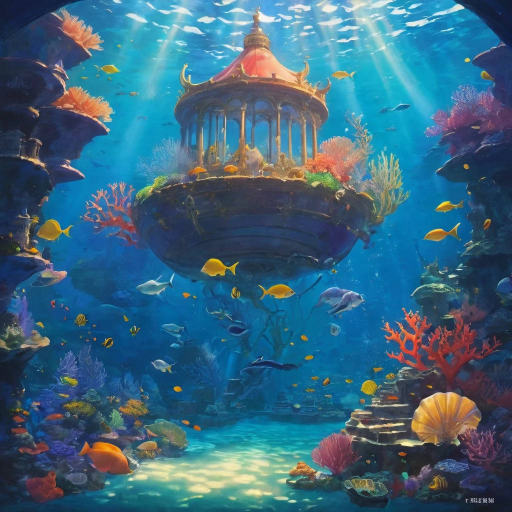 Ghibli、oil，Ocean，carefully，magic，Mysterious，Ocean藻に抱かれた古代遺跡，Aquatic plants beautiful coral reef，Colorful fish swimming，Clear visibility，Ethereal atmosphere，Mermaid statue、Giant shells、Luminous jellyfish、Ancient symbols and words、惊人的美丽和古老的magic，Uncover the mysteries of the underwater world
