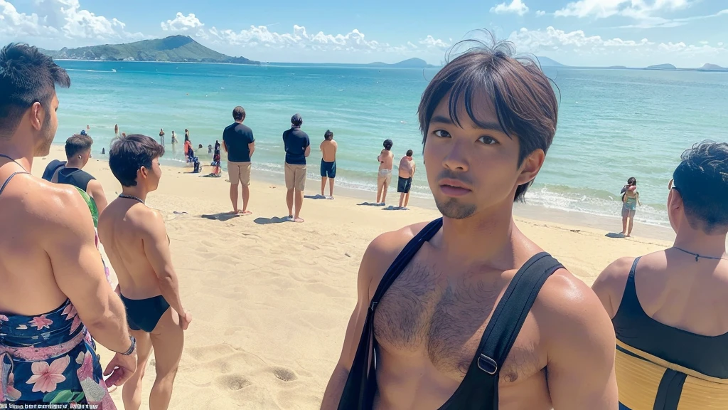 masterpiece, best quality, ultra-detailed, detailed scenery,  beautiful detailed eyes, Angle from the front, (Landscape Photography:0.9), 
Beach, (crowd of men:1.4), (4 Japanese men looking at the viewer:1.6), wearing only swim trunks,

beach chairs, beach ball, Beach umbrellas a short distance away, (toy banana boat in the sea:1.1), 