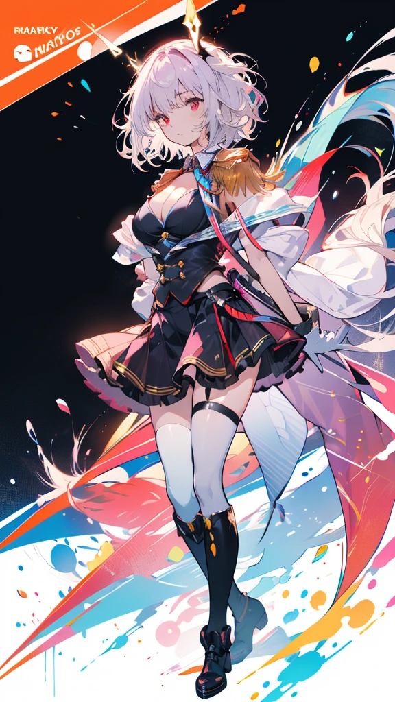(full body),masterpiece, Highest quality, High resolution, male, short hair, Hello, Red eyes, Large Breasts, Cleavage, Epaulettes, White gloves, - Elbow hand pockets, Purple Skirt, Knee socks, Cowboy Shot, (Pose in front),straight, street,Low Angle,Downから,Down