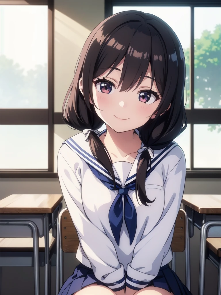 1girl, sitting, own hands together, hands in front of neck,  (head tilt), smile, yo,
classroom, indoors, school chair, school desk, (low twintails girl), low pigtails, hair ribbon  white, very long black hair,
white serafuku with blue ribbon, navy-blue collar, navy-blue skirt,
(dark brown eye), afternoon, summer,
school,
(from front:1.4), upper body,
anime, high brightness, detailed face, detailed eyes,
(high quality, ultra detailed, masterpiece, FHD)