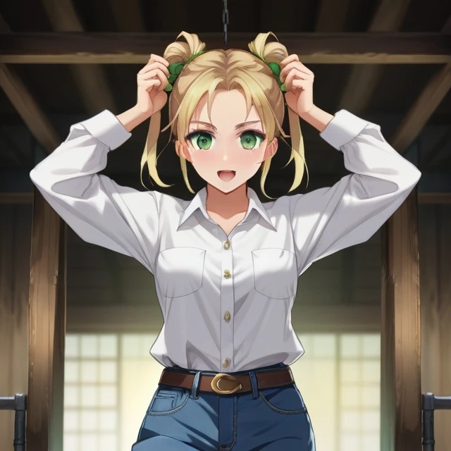 score_9, score_8_superior, score_7_superior, score_6_superior, score_5_superior, score_4_superior, sauce_anime, One girl, Blonde, Hair Bun, Green Eyes, ww chain, Spread your arms, Messy Hair, White shirt, Jeans pants, Dungeons, Highest quality, Highest resolution, 4k uhd,