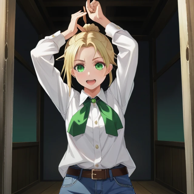 score_9, score_8_superior, score_7_superior, score_6_superior, score_5_superior, score_4_superior, sauce_anime, One girl, Blonde, Hair Bun, Green Eyes, ww chain, Spread your arms, Messy Hair, White shirt, Jeans pants, Dungeons, Highest quality, Highest resolution, 4k uhd,
 