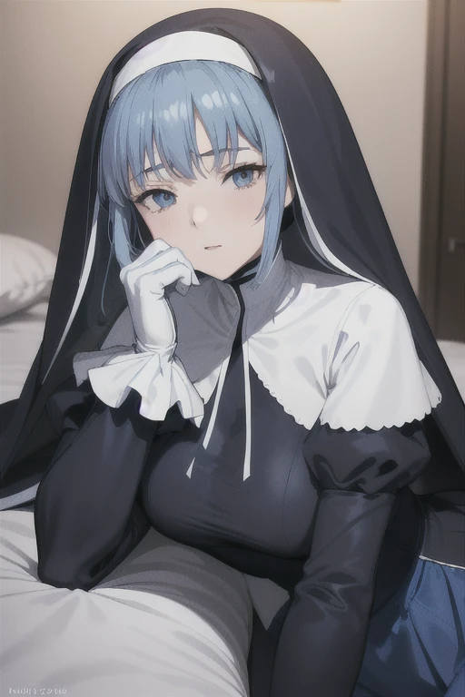 Mature women, nun, 1girl, solo, blue nun outfit, puffy sleeves, blue cape ,blue long skirt, white gloves, long deep black veil, vail cover her face,(look at viewer), vail covered face, (perfect skin),(no emotion ), anime, room, bedroom, sexy pose, lying down