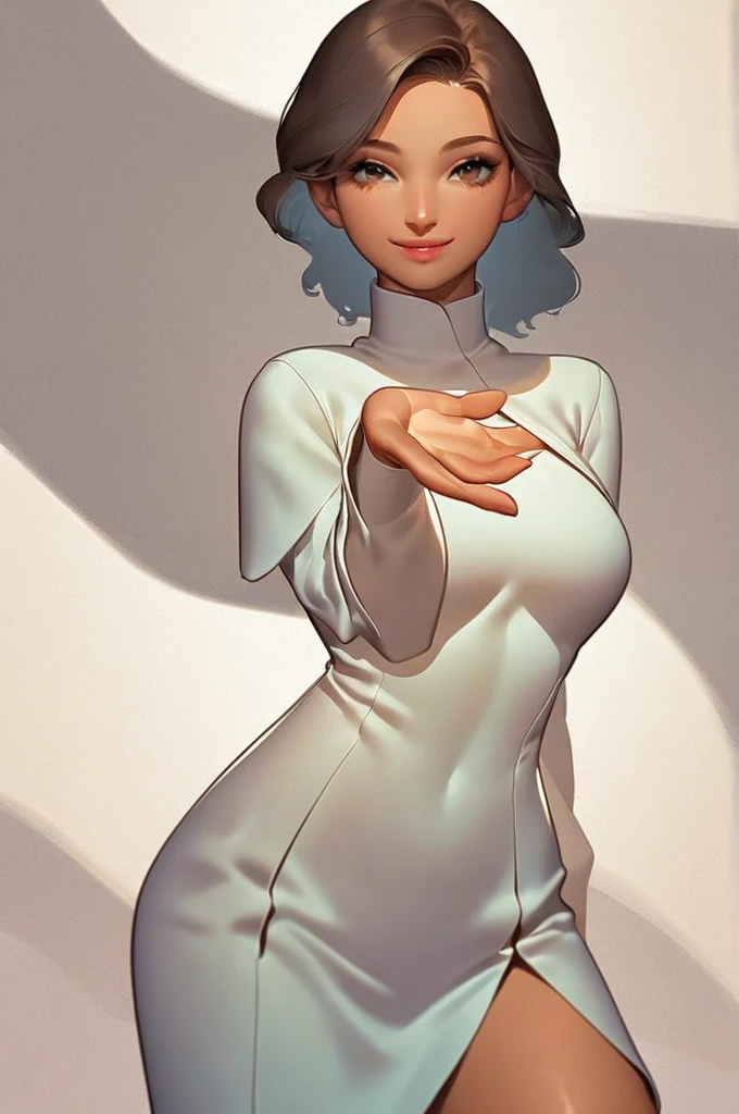 ((Лучшее качество)), ((шедевр)), (подробный), \"create an anime-style illustration depicting a beautiful full-length girl with an impressive figure. she should have big, expressive eyes with long eyelashes, brown hair falling in waves over her shoulders, and pink lips slightly parted in a smile. her physique should be abundant, with an emphasis on her full breasts and hips. The girl's clothes should be tight-fitting and flesh-colored, emphasizing her curves and giving the illustration a sexy touch. her face and body should be directed towards the camera, creating a sense of contact with the viewer. the background of the painting should be simple and neutral, so as not to distract attention from the girl. Use soft shadows and contrast to accentuate her shapes and add volume to the illustration.\"