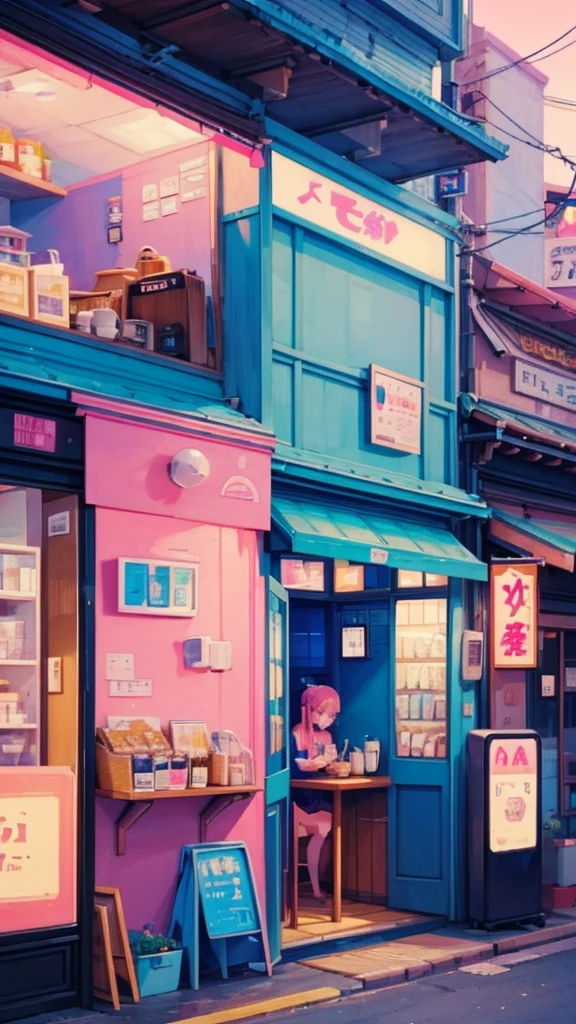 Pixel art, coffee shop,cat barista,blue and pink, minimalist photography,lofi cozy scenes,morden Japanese anime style