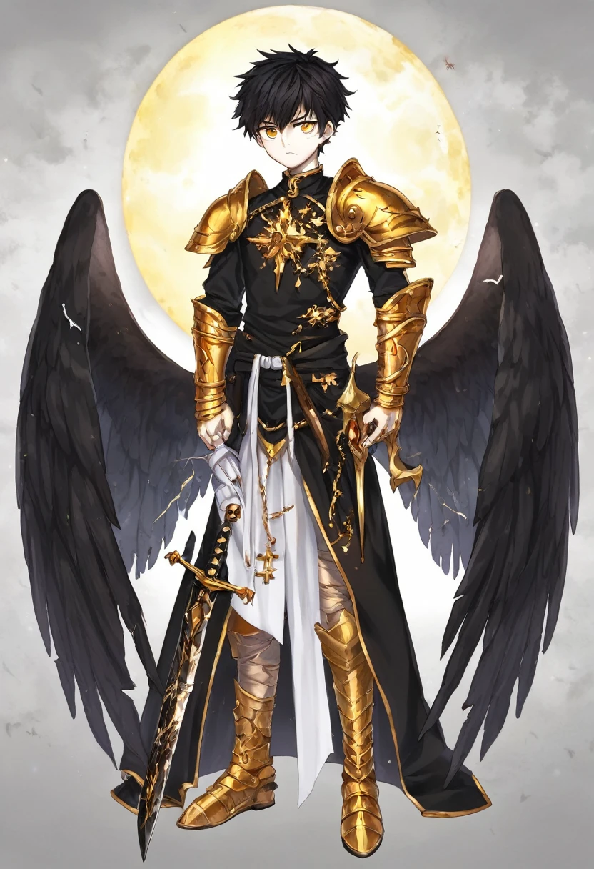 1man, adult, angel, pale skin, black hair, very short hair, white hairlocks, golden eyes, broken face, crack on the face, radiance coming from the crack, missing eye, black wings, eyed wings, bird legs, black robes, golden details, golden shoulder pads, golden prothesis in right hand, clawsprothesis, sword-cross on hands, eclipse, fullbody, anime style