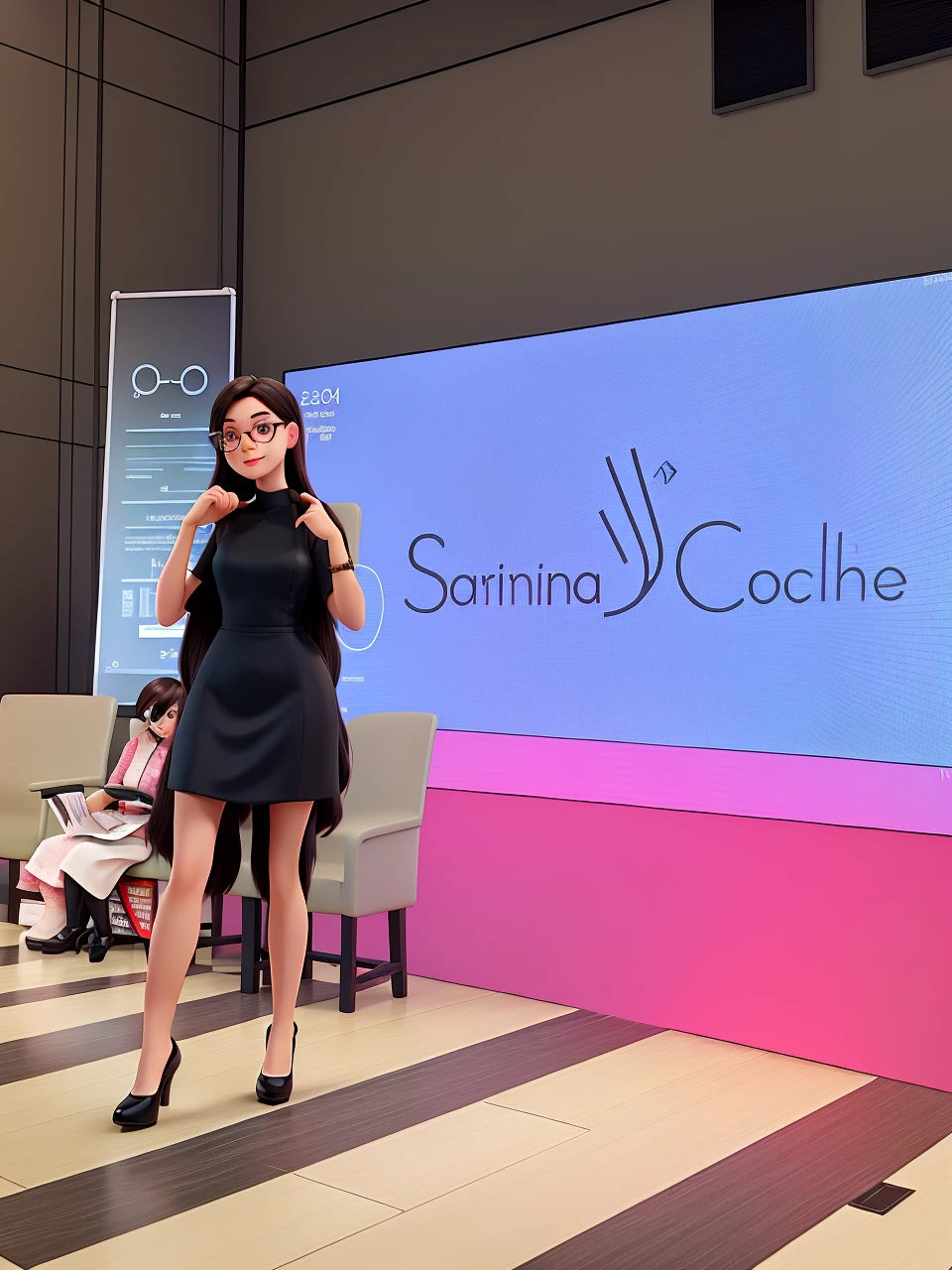 brunette woman in a black dress, long loose black hair, in prescription glasses, in high heels presenting a lecture, written on the screen sabina rabbit