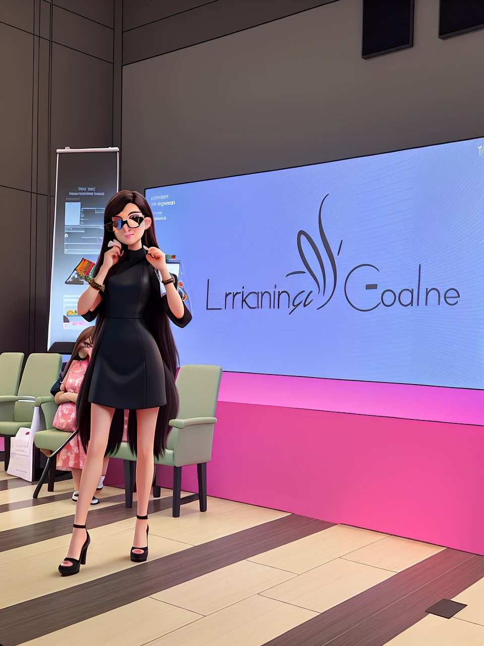 brunette woman in a black dress, long loose black hair, in prescription glasses, in high heels presenting a lecture, written on the screen sabina rabbit