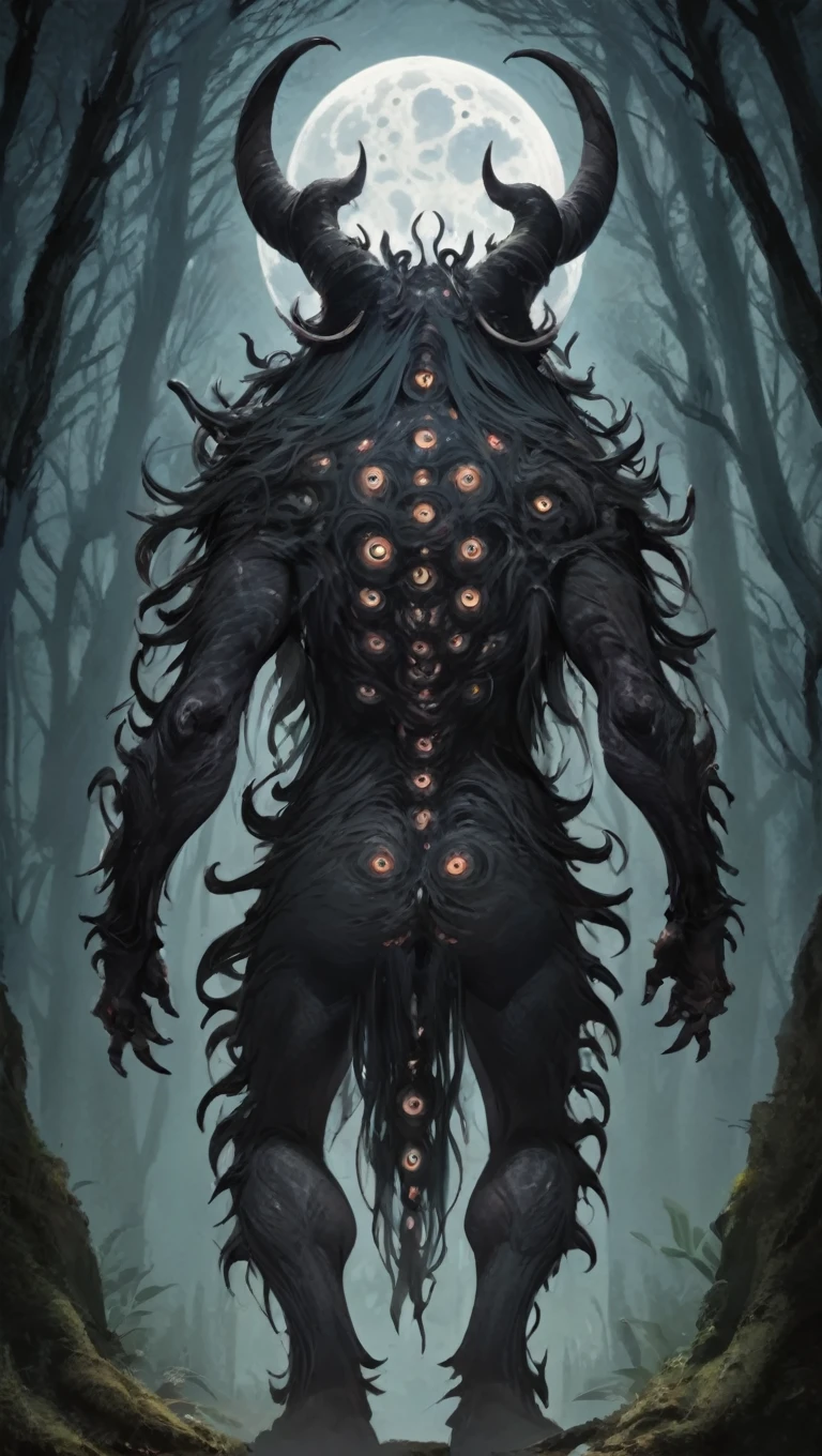 dark monster, A monster with many eyes and horns, Nevoa, dense forest, moonligh, (rear view:3.4)