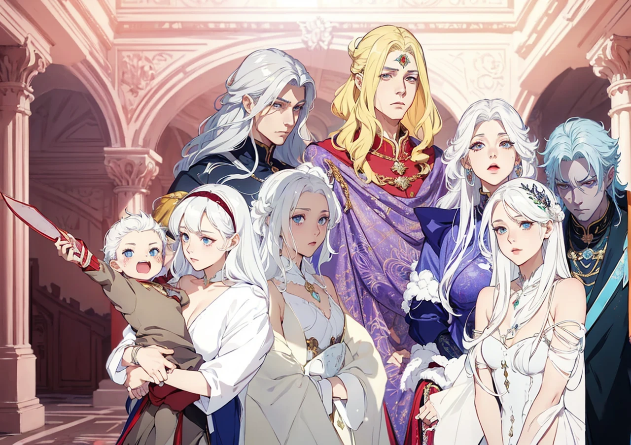 Royal family Palace fund Symmetrical bodies No errors Good quality 

um grupo de pessoas com white  hair e roupas brancas segurando espadas, a character portrait of Kamagurka, PIXIV, serial art, anime in fantasy style, harem, highly detailed exquisite fanart, coriolios RPG art style, white  hair, wisdom friend anime, de white  hair, dnd fantasy art, high quality fanart, detailed fanart