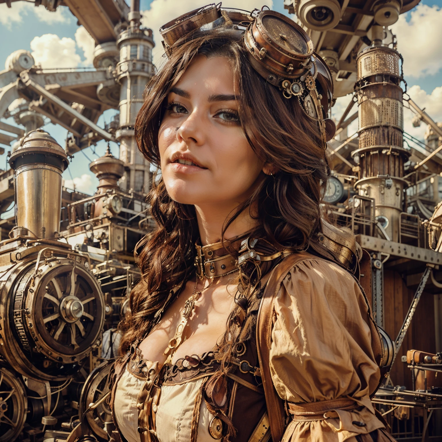 A beautiful steampunk woman with steampunk clothes in the foreground and a huge steampunk machinery mechanical in the background