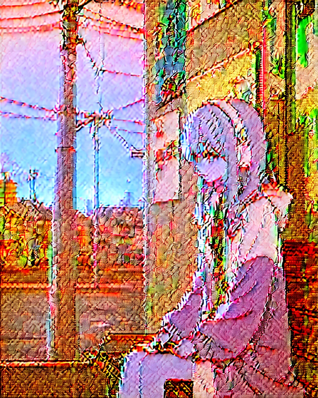 An anime-style illustration of a girl sitting on a bench in an urban setting. She has long, wavy light hair and wears headphones. She is dressed in a casual outfit with a loose-fitting coat over a dark shirt or dress. The background features a street with buildings and utility poles, drawn with clean, minimalistic lines and pastel colors. The overall color scheme is soft and light, giving the image a serene and relaxed atmosphere."