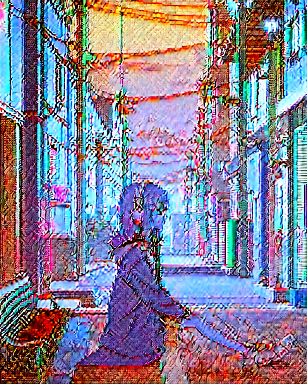 An anime-style illustration of a girl sitting on a bench in an urban setting. She has long, wavy light hair and wears headphones. She is dressed in a casual outfit with a loose-fitting coat over a dark shirt or dress. The background features a street with buildings and utility poles, drawn with clean, minimalistic lines and pastel colors. The overall color scheme is soft and light, giving the image a serene and relaxed atmosphere."