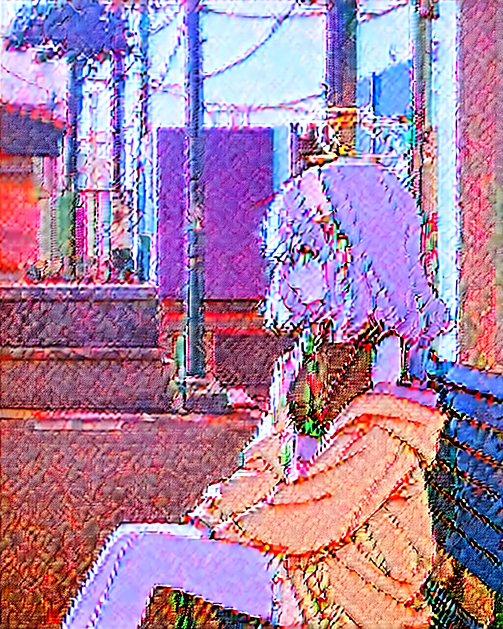 An anime-style illustration of a girl sitting on a bench in an urban setting. She has long, wavy light hair and wears headphones. She is dressed in a casual outfit with a loose-fitting coat over a dark shirt or dress. The background features a street with buildings and utility poles, drawn with clean, minimalistic lines and pastel colors. The overall color scheme is soft and light, giving the image a serene and relaxed atmosphere."
