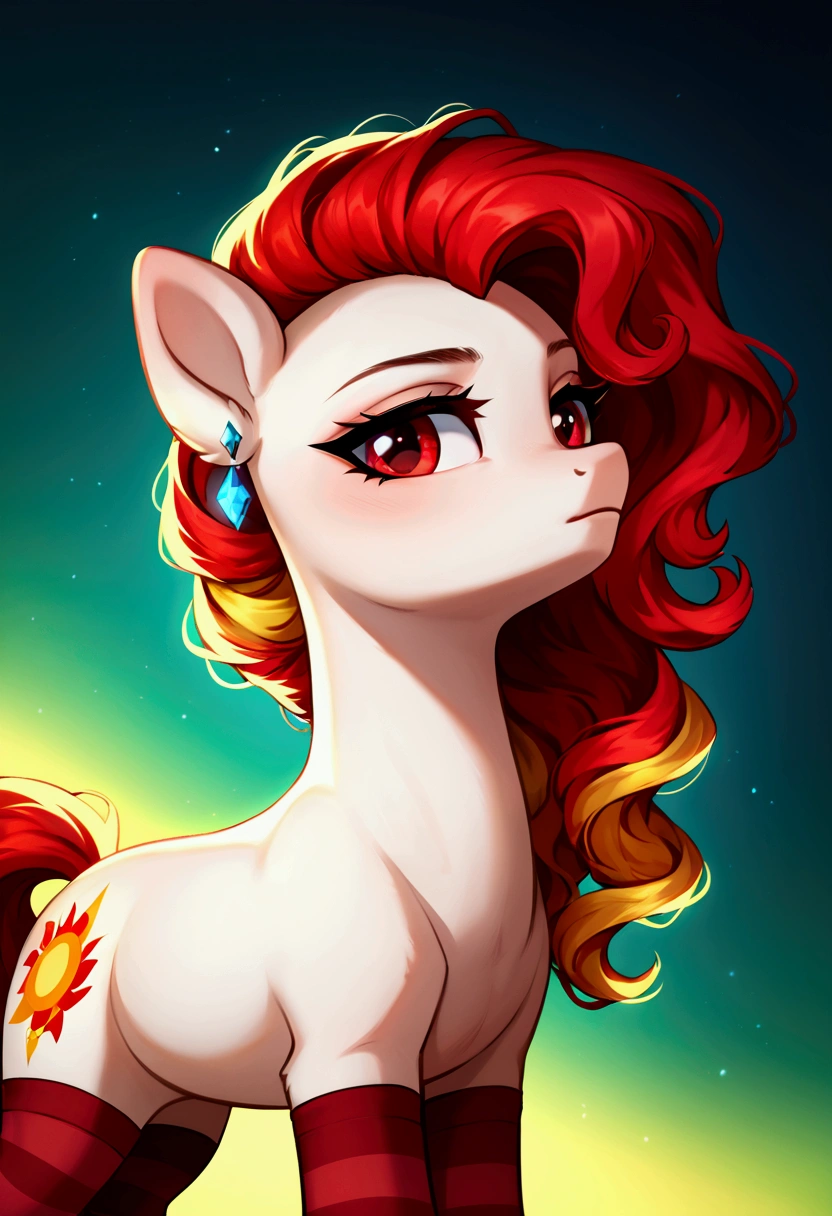 score_9,score_8_up,score_7_up,score_6_up, ((my little pony)), radiant lighting, vibrant colors, whimsical atmosphere, 8K, high resolution, highly detailed, masterpiece, behind view, white body, long red wavy hair, earrings, red eyes, stern look, black-red striped stockings 