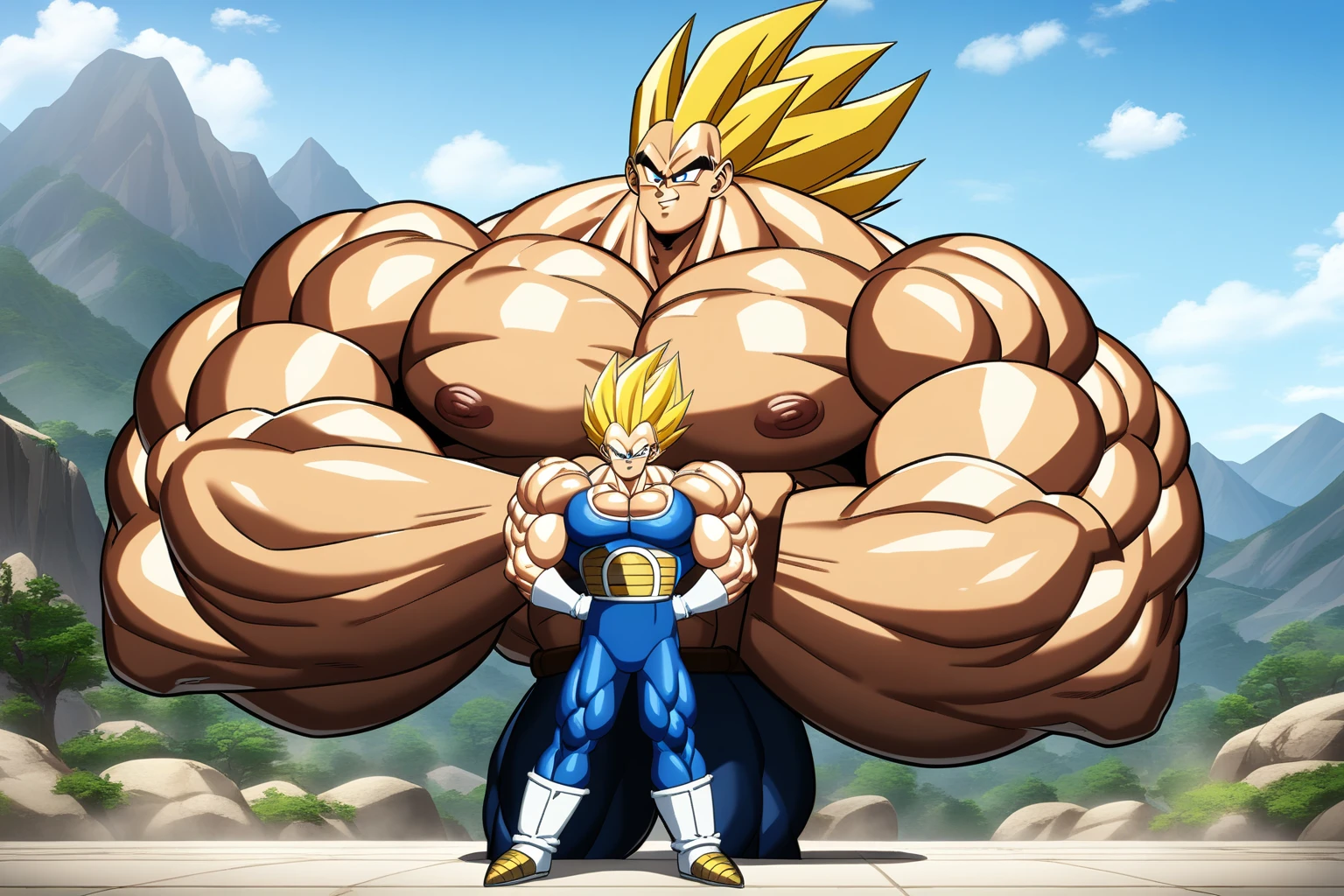 1boy, Vegeta, from Dragon Ball Z, masterpiece, best quality, very aesthetic, absurdres, saiyan, blue eyes, spiked hair, (yellow hair:1.5), standing up, good posture, shirtless, blue skintight pants, white boots with brown tips, white gloves, (huge muscles:2.5), Dragon Ball Z artstyle, in the style of Akira Toriyama, white tiled floor, outdoor, flat-top mountains, full pose, full body shot, (full body in frame:1), Extreme Wide Shot, Low Angle Shot