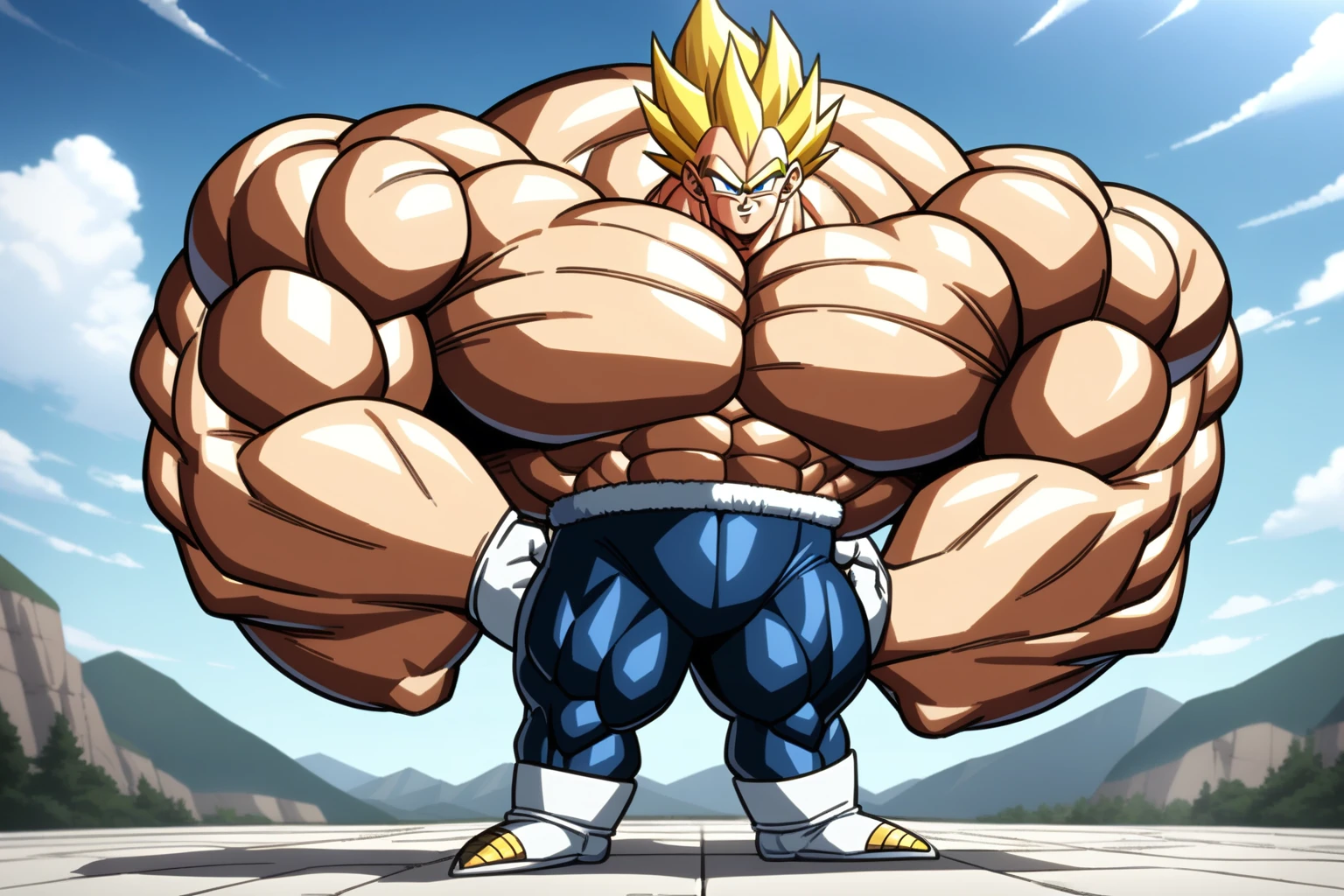 1boy, Vegeta, from Dragon Ball Z, masterpiece, best quality, very aesthetic, absurdres, saiyan, blue eyes, spiked hair, (yellow hair:1.5), standing up, good posture, shirtless, blue skintight pants, white boots with brown tips, white gloves, (huge muscles:2.5), Dragon Ball Z artstyle, in the style of Akira Toriyama, white tiled floor, outdoor, flat-top mountains, full pose, full body shot, (full body in frame:1), Extreme Wide Shot, Low Angle Shot