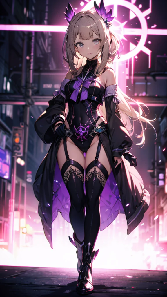 (Highly detailed CG), (Highest quality),(full body), 1 Girl,alone, Grey Eyes,Long Hair, Blonde,Purple Dress,Wide white sleeves,Purple ribbon,Purple Stockings,hair ornaments,Bare shoulders,Removed sleeve, Black gloves, Blunt bangs, Magical girl, Perfect Face, Shiny skin, Shiny skin, Wide Hips,Tight waist,leotard,Very Boots,Elbow Bag,1 Girl, Long Hair, sunset,Octane