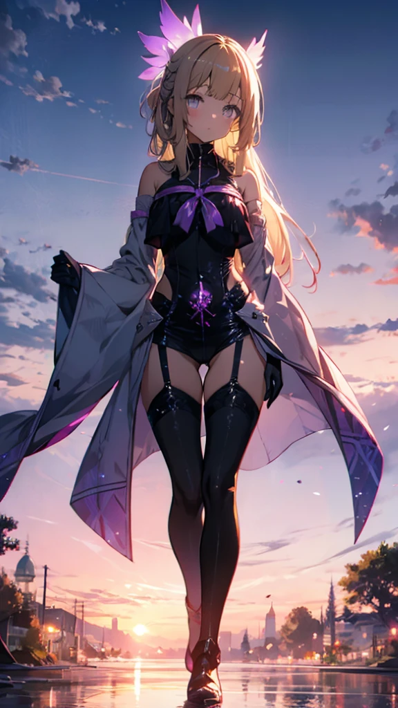 (Highly detailed CG), (Highest quality),(full body)， 1 Girl,alone, Grey Eyes,Long Hair, Blonde,Purple Dress,Wide white sleeves,Purple ribbon,Purple Stockings,hair ornaments,Bare shoulders,Removed sleeve, Black gloves, Blunt bangs, Magical girl, Perfect Face,  Shiny skin, Shiny skin, Wide Hips,Tight waist,leotard，Very Boots，Elbow Bag,1 Girl, Long Hair, sunset，Octane