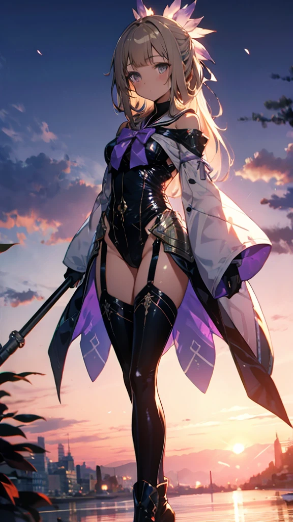 (Highly detailed CG), (Highest quality),(full body)， 1 Girl,alone, Grey Eyes,Long Hair, Blonde,Purple Dress,Wide white sleeves,Purple ribbon,Purple Stockings,hair ornaments,Bare shoulders,Removed sleeve, Black gloves, Blunt bangs, Magical girl, Perfect Face,  Shiny skin, Shiny skin, Wide Hips,Tight waist,leotard，Very Boots，Elbow Bag,1 Girl, Long Hair, sunset，Octane