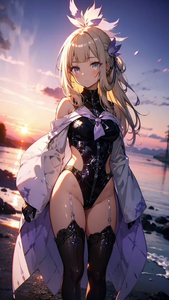 (Highly detailed CG), (Highest quality),(full body), 1 Girl,alone, Grey Eyes,Long Hair, Blonde,Purple Dress,Wide white sleeves,Purple ribbon,Purple Stockings,hair ornaments,Bare shoulders,Removed sleeve, Black gloves, Blunt bangs, Magical girl, Perfect Face, Shiny skin, Shiny skin, Wide Hips,Tight waist,leotard,Very Boots,Elbow Bag,1 Girl, Long Hair, sunset,Octane